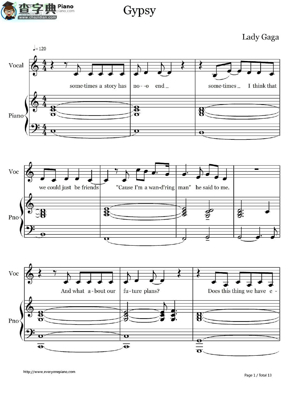 【Gypsy钢琴谱】Lady Gaga