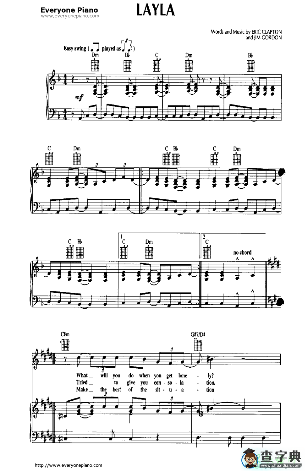 【Layla钢琴谱】五线谱