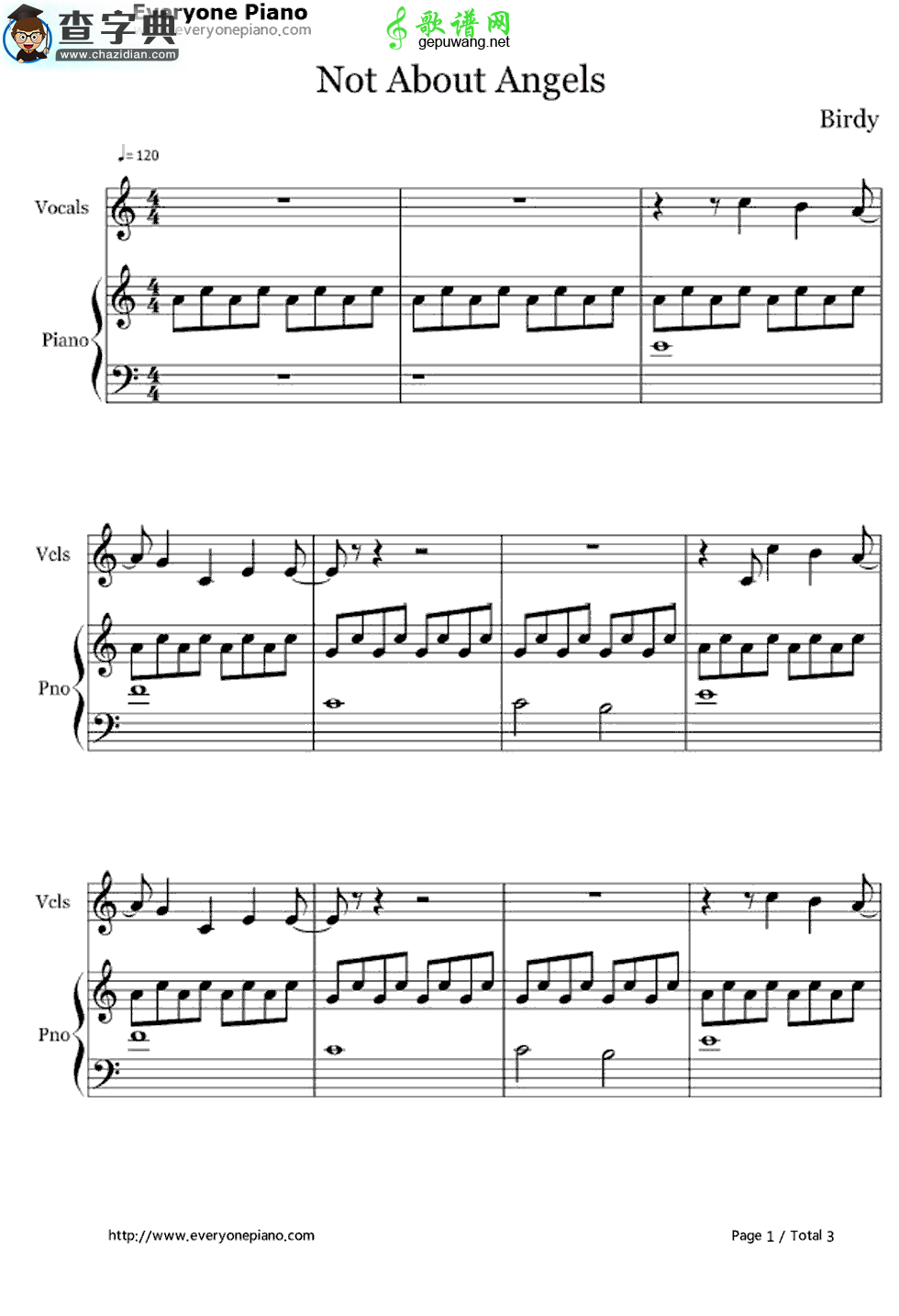 【Not About Angels钢琴谱】五线谱