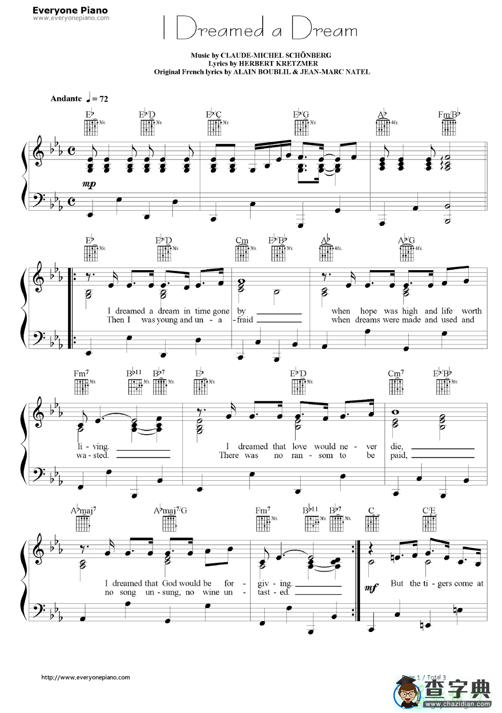 【I Dreamed a Dream钢琴谱】五线谱