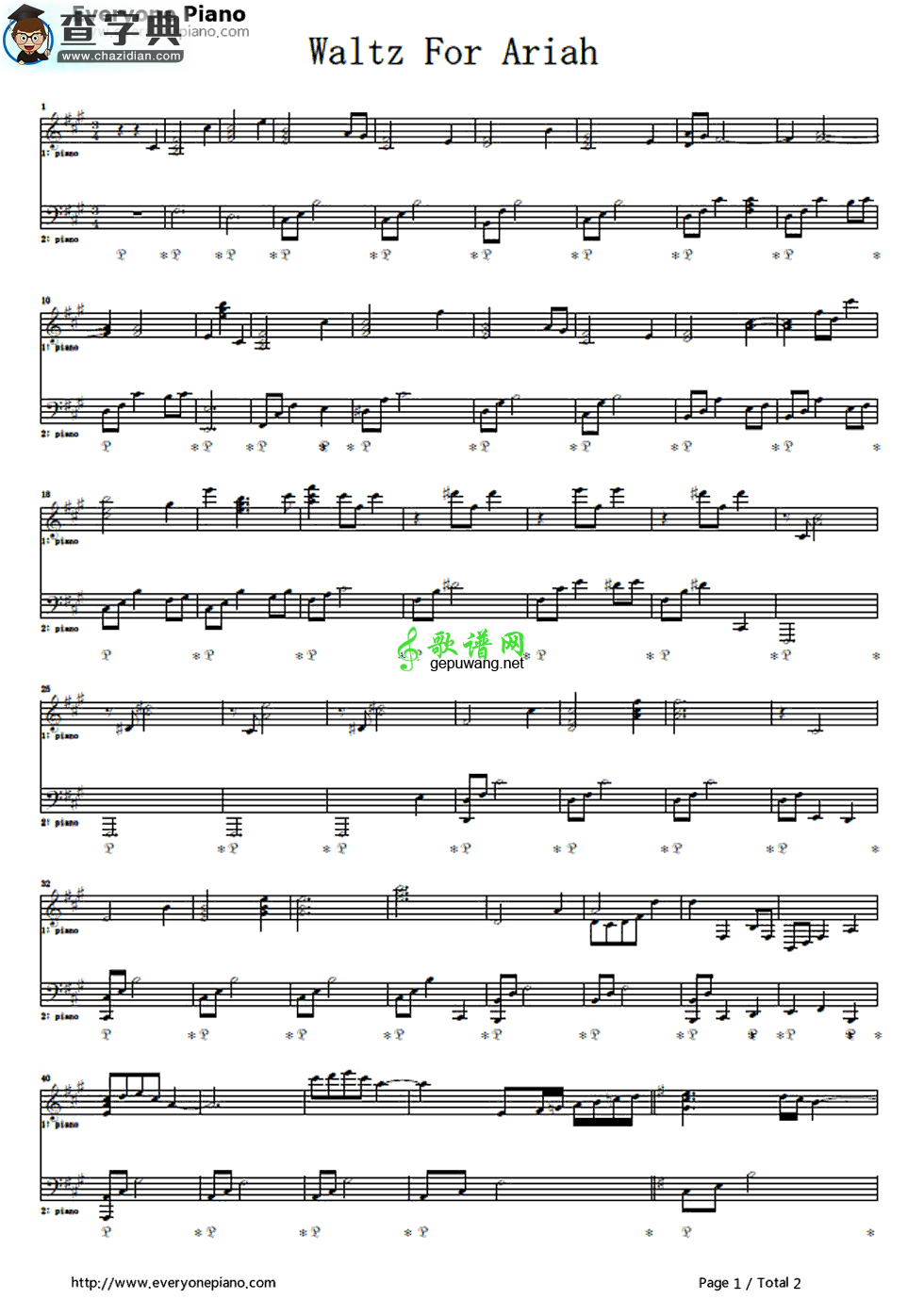 【Waltz for Ariah钢琴谱】五线谱