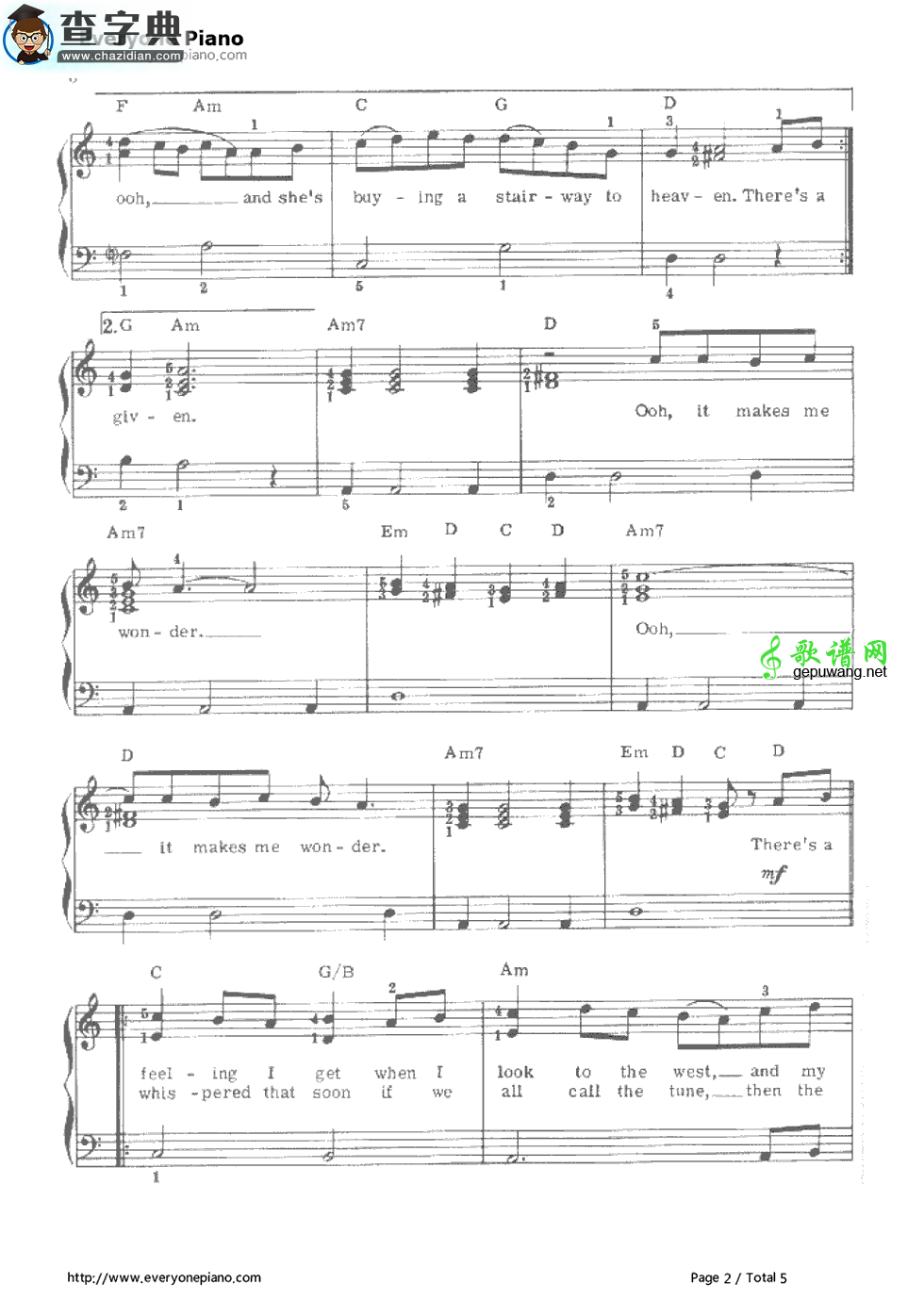 【Stairway to Heaven钢琴谱】五线谱