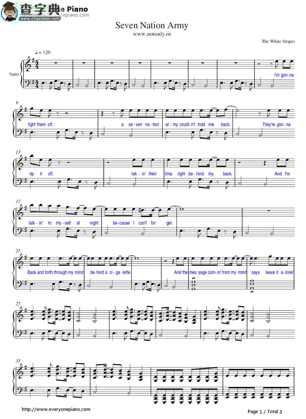 【Seven Nation Army钢琴谱】五线谱