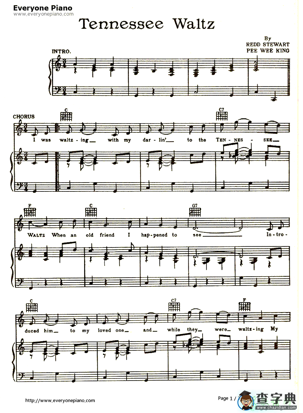 【Tennessee Waltz钢琴谱】五线谱