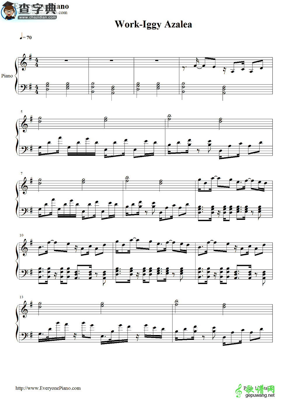 【Work钢琴谱】五线谱