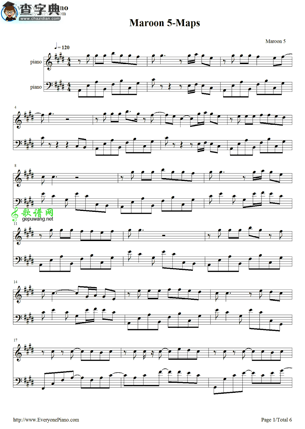 【Maps钢琴谱】Maroon 5