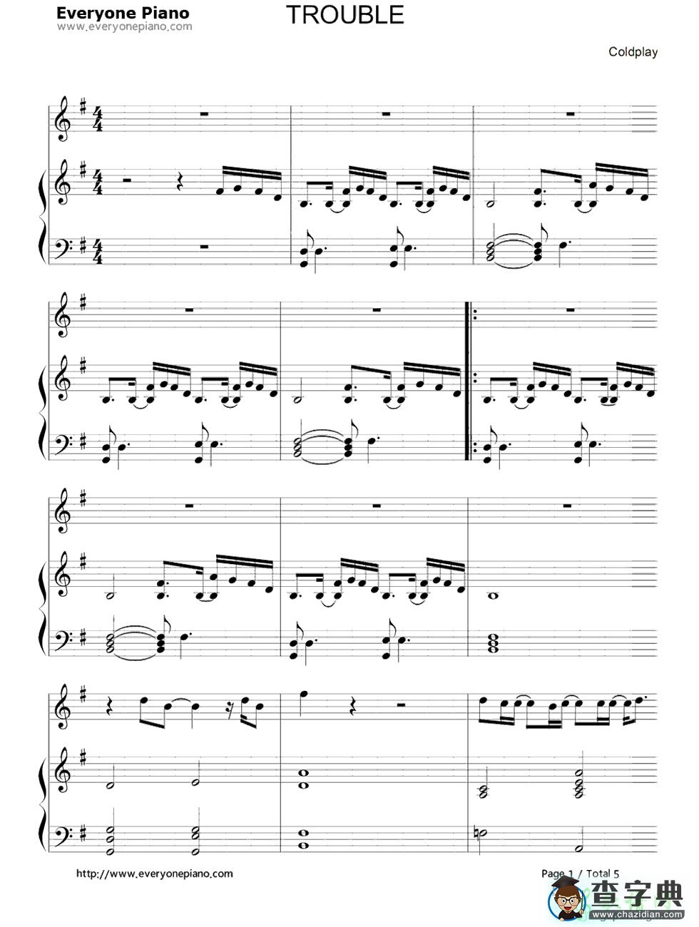 【Trouble钢琴谱】五线谱
