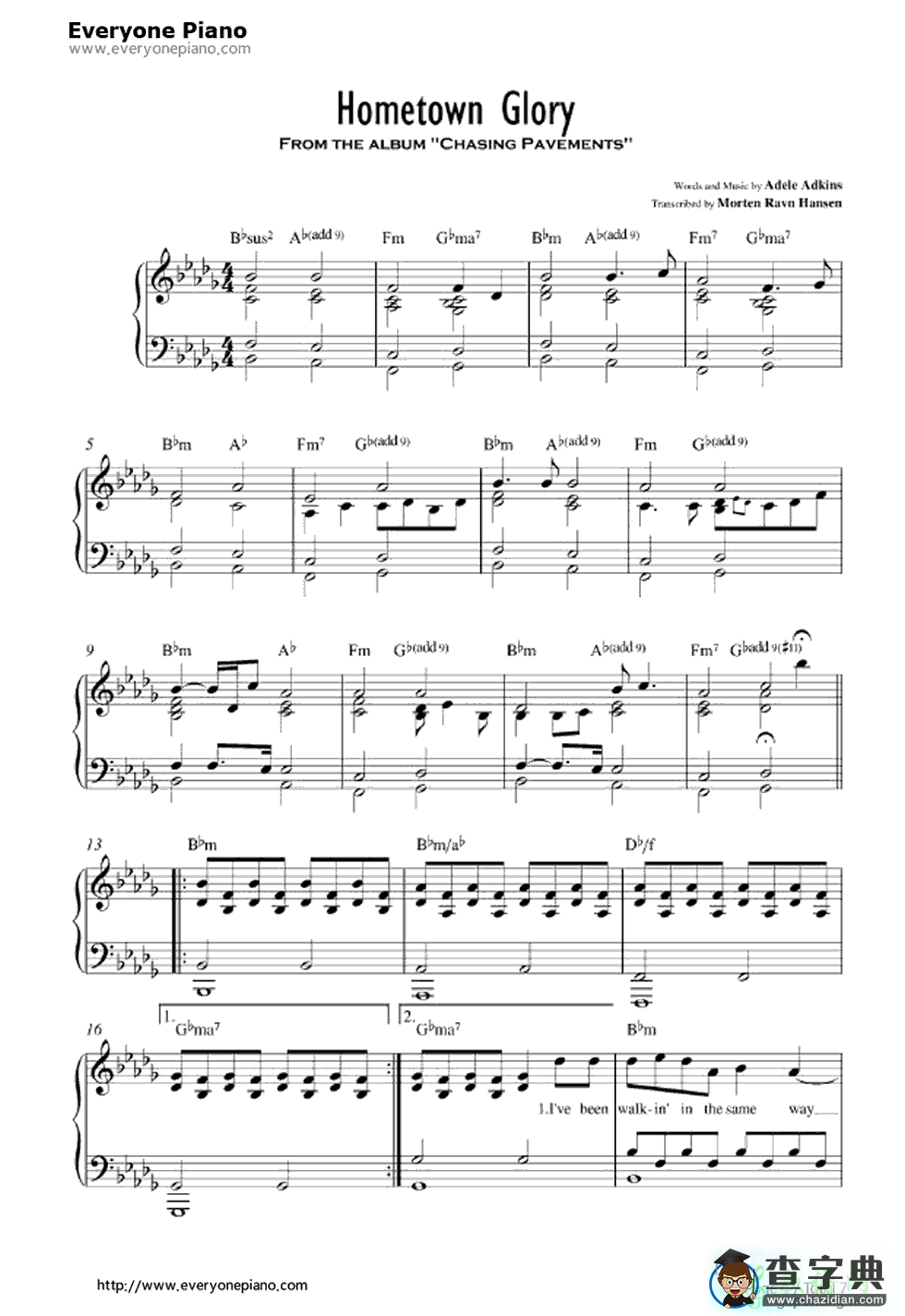 【Hometown Glory钢琴谱】五线谱