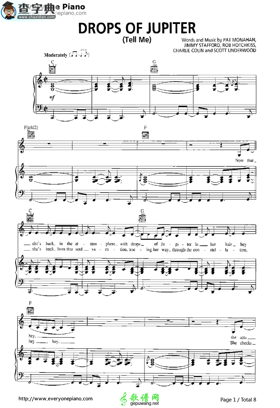 【Drops of Jupiter (Tell Me)钢琴谱】五线谱