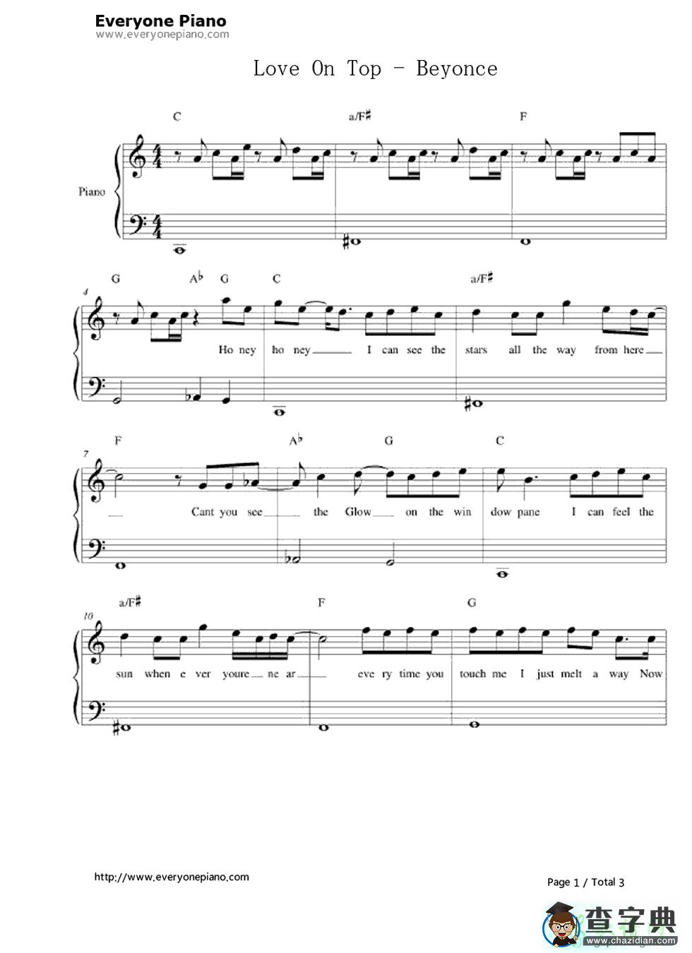 【Love On Top钢琴谱】五线谱