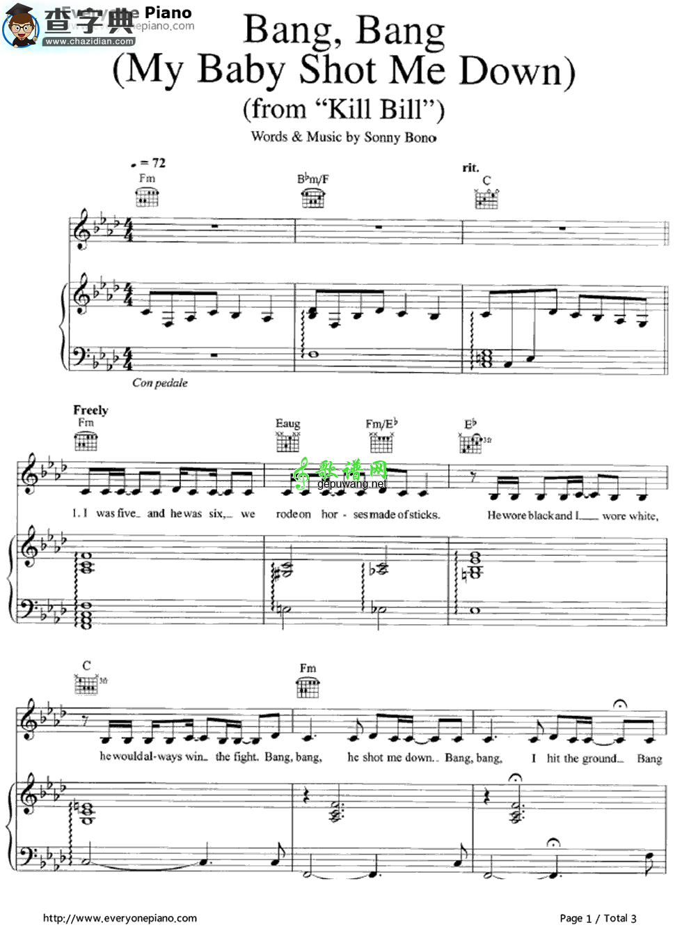 【Bang Bang (My Baby Shot Me Down)钢琴谱】五线谱