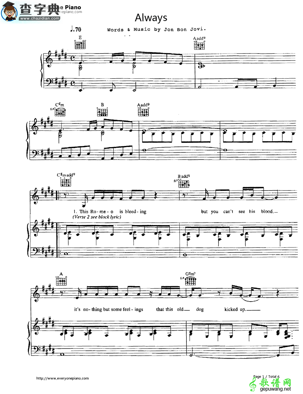 【Always钢琴谱】五线谱