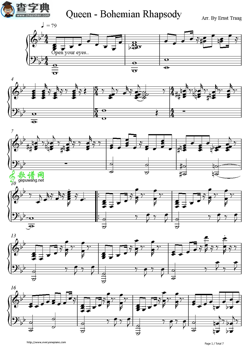 【Bohemian Rhapsody钢琴谱】五线谱