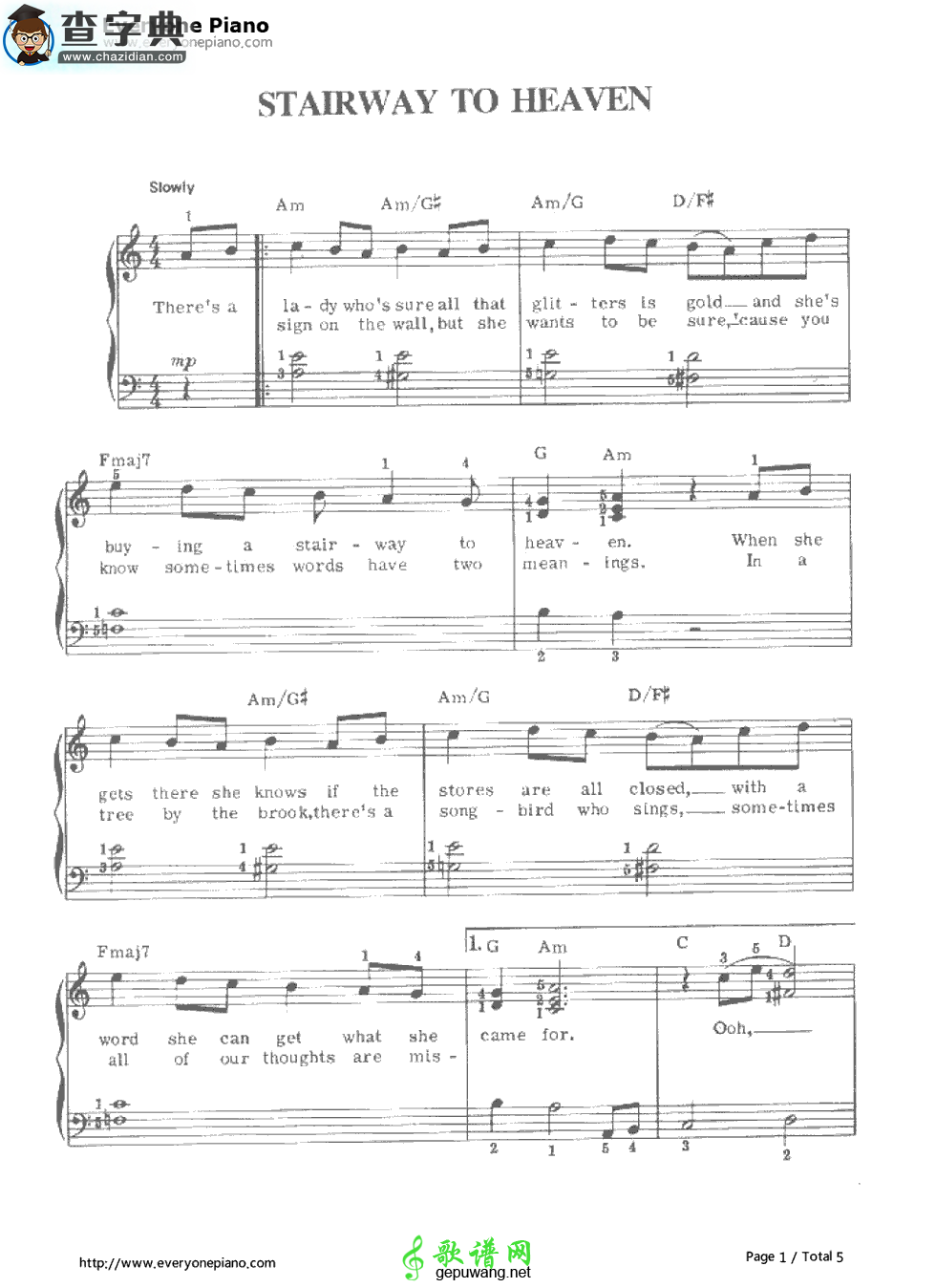 【Stairway to Heaven钢琴谱】五线谱