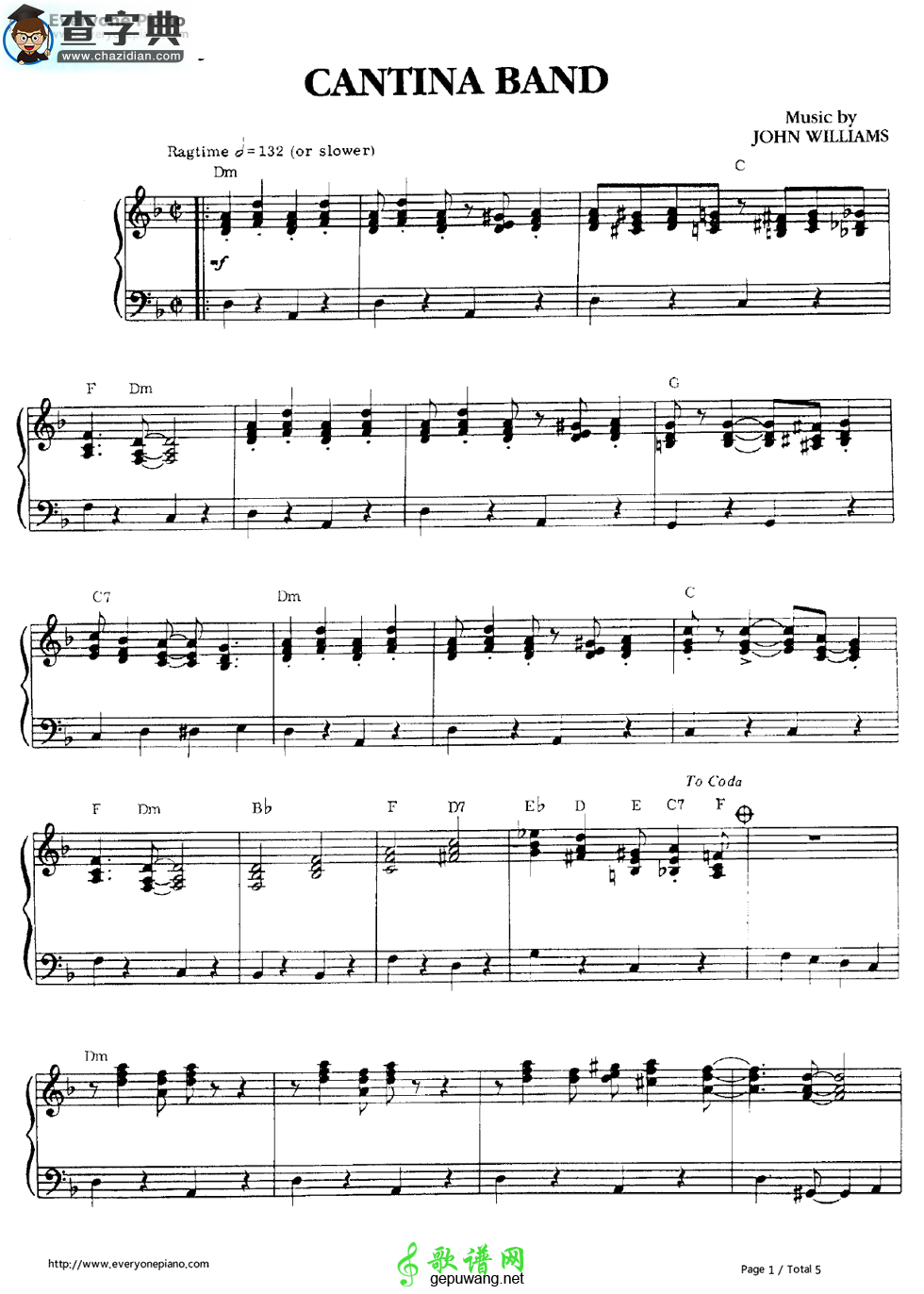 【《Cantina Band》酒吧乐团曲钢琴谱】五线谱