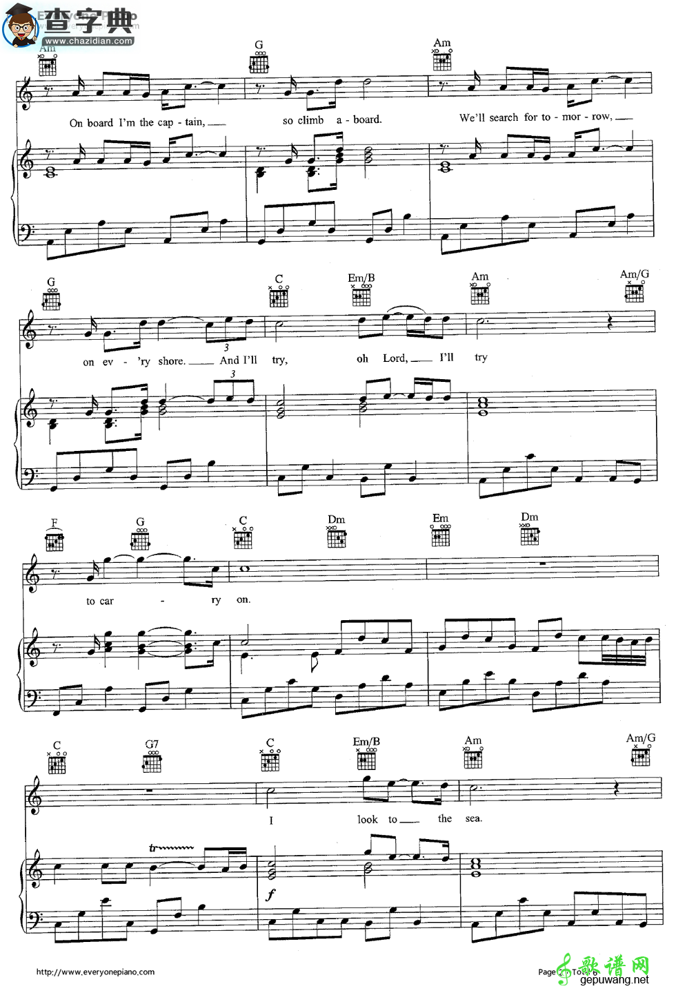 【Come Sail Away钢琴谱】五线谱
