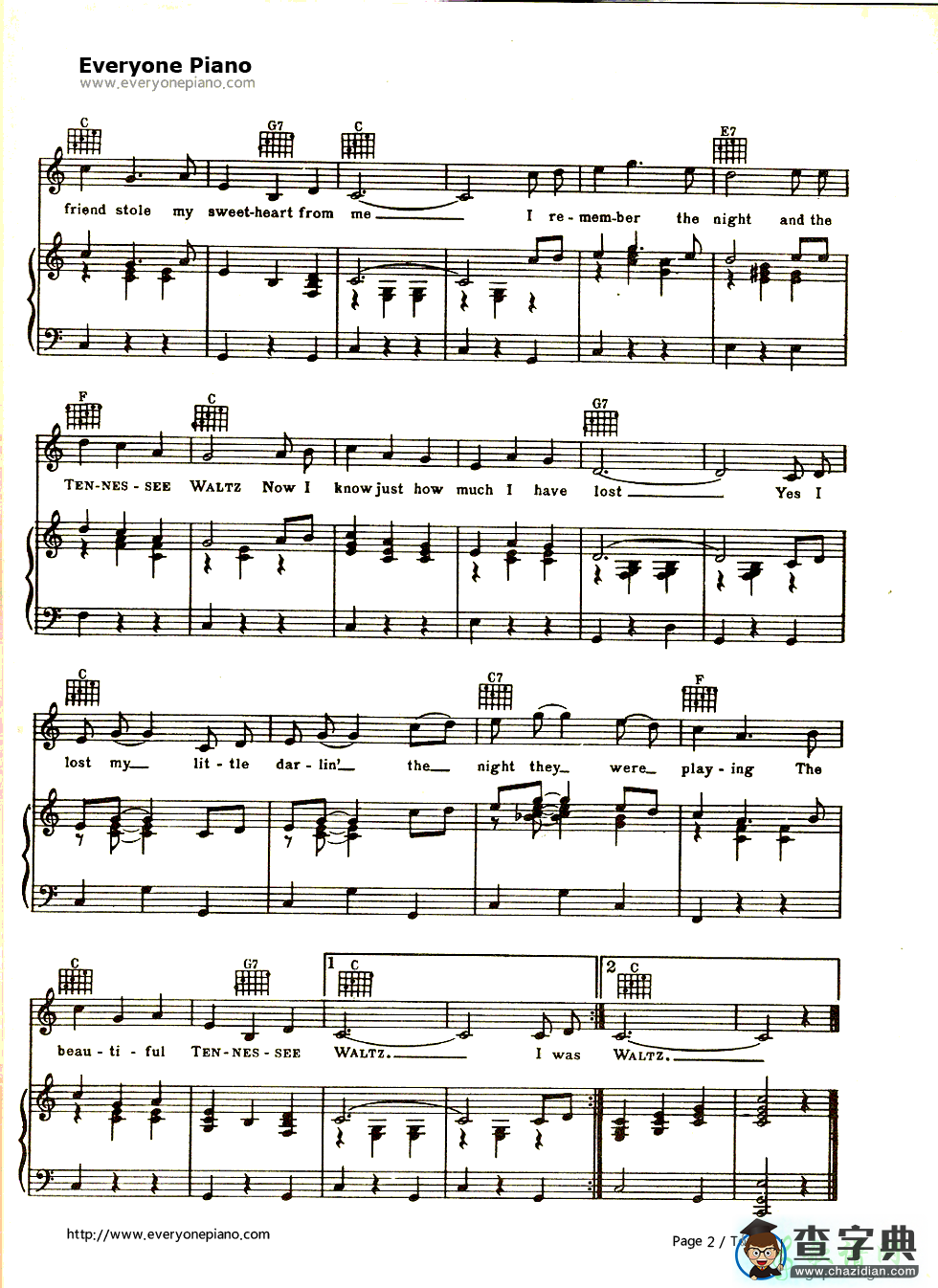 【Tennessee Waltz钢琴谱】五线谱