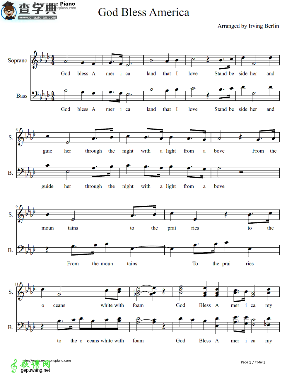 【God Bless America钢琴谱】五线谱