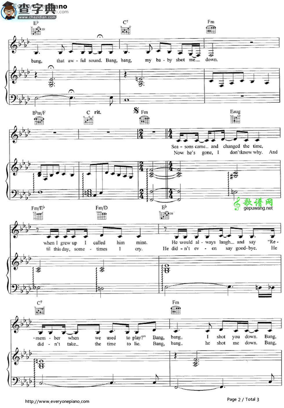 【Bang Bang (My Baby Shot Me Down)钢琴谱】五线谱
