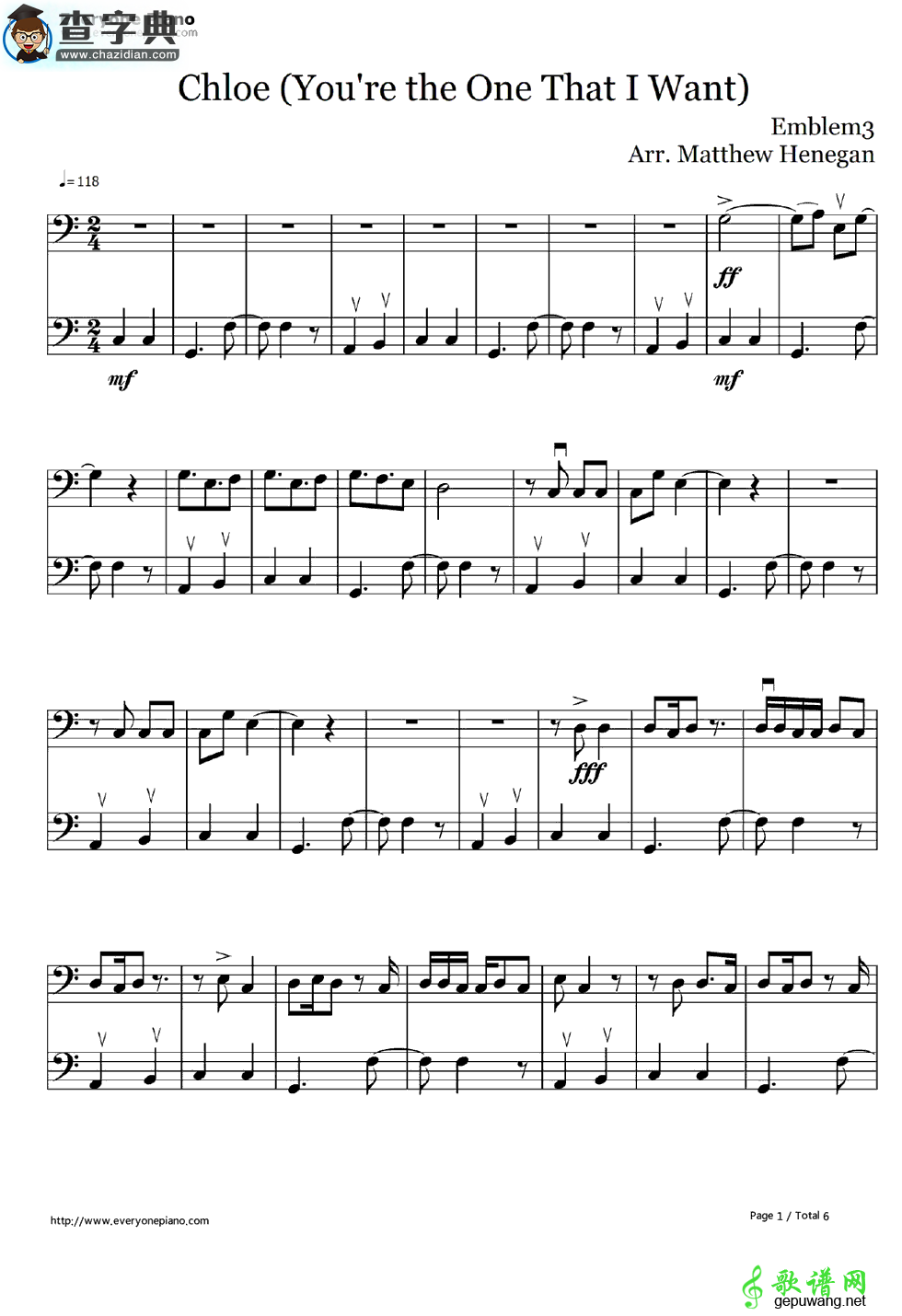 【Chloe (Youre the One I Want)钢琴谱】五线谱