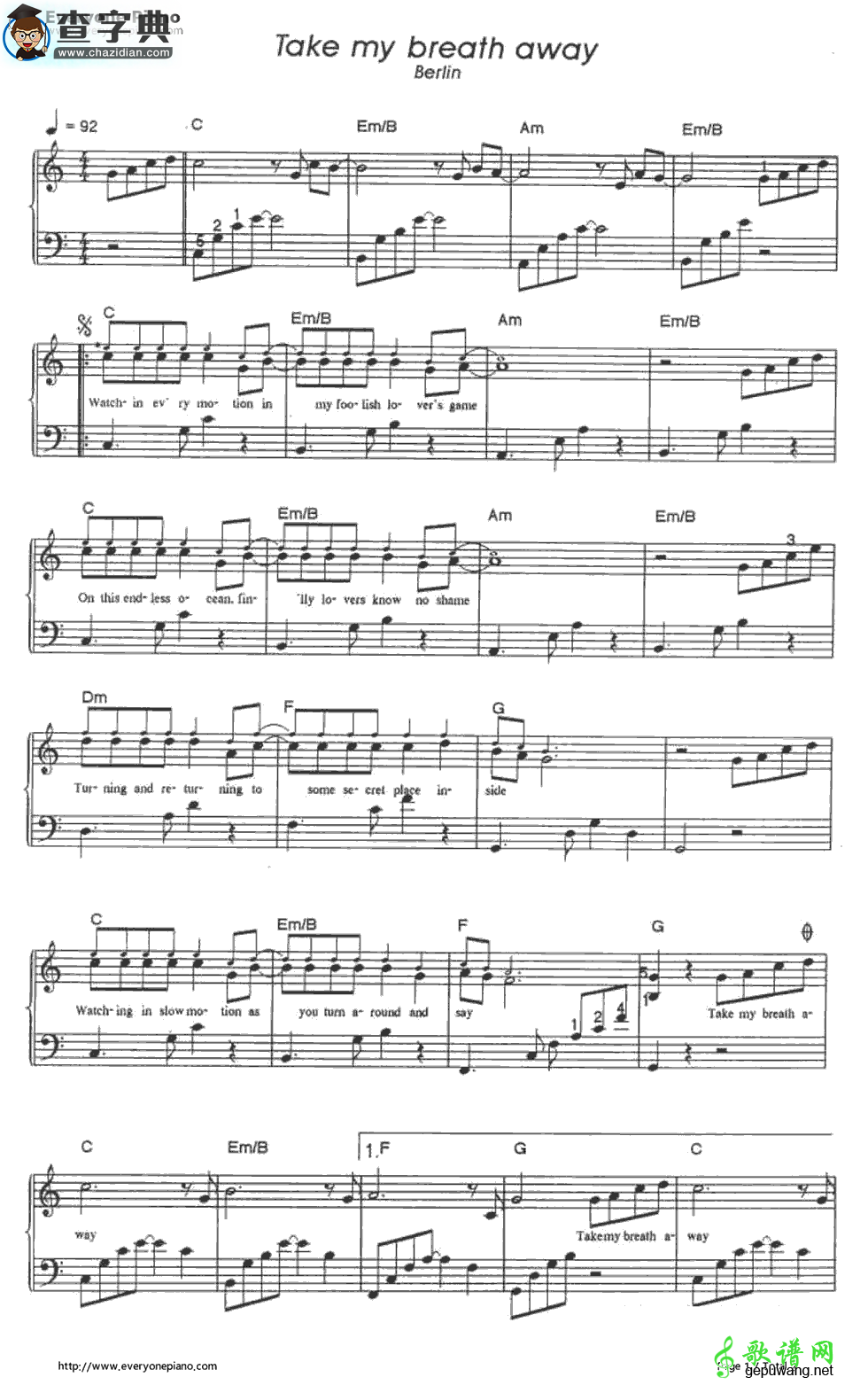 【Take My Breath Away钢琴谱】五线谱