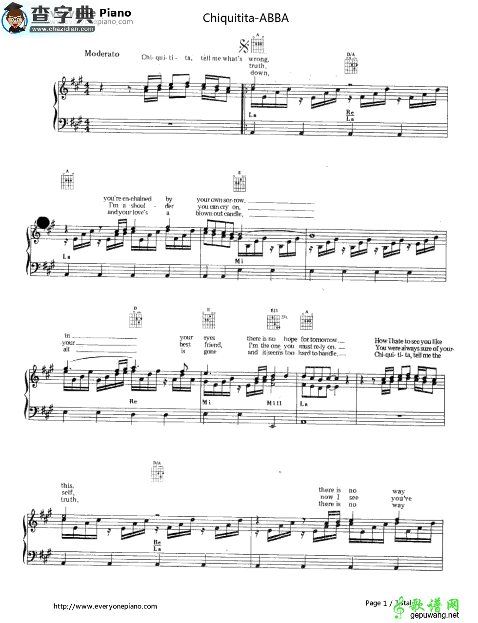 【Chiquitita钢琴谱】五线谱