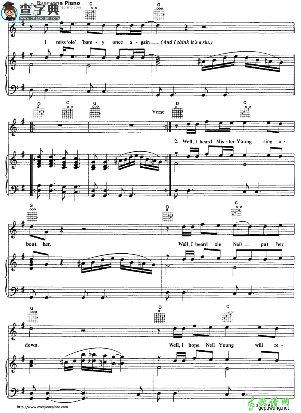 【Sweet Home Alabama钢琴谱】五线谱