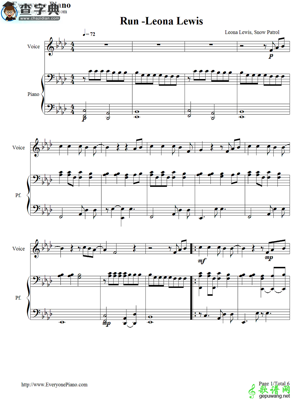 【Run钢琴谱】Leona Lewis