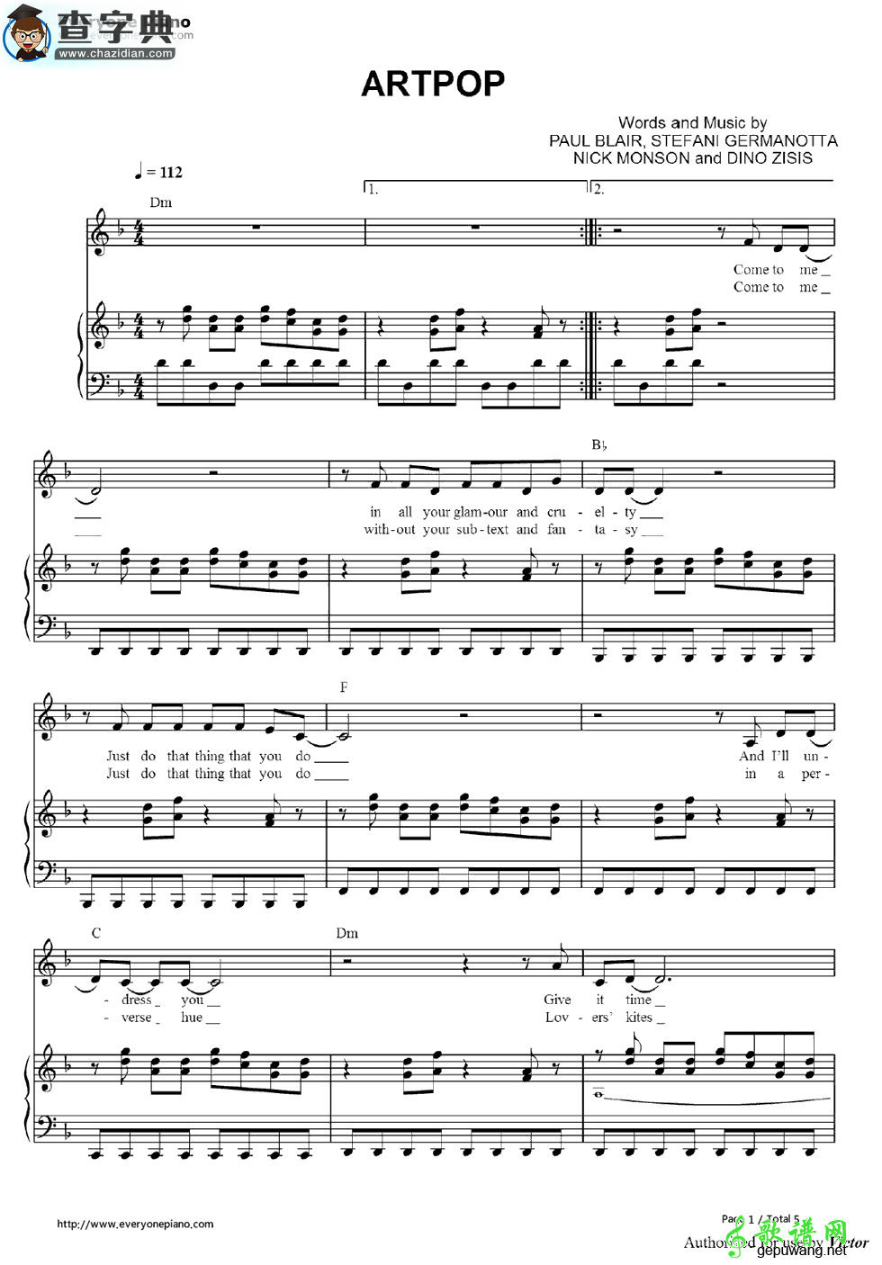 【Artpop钢琴谱】Lady GagaArtpop钢琴五线谱