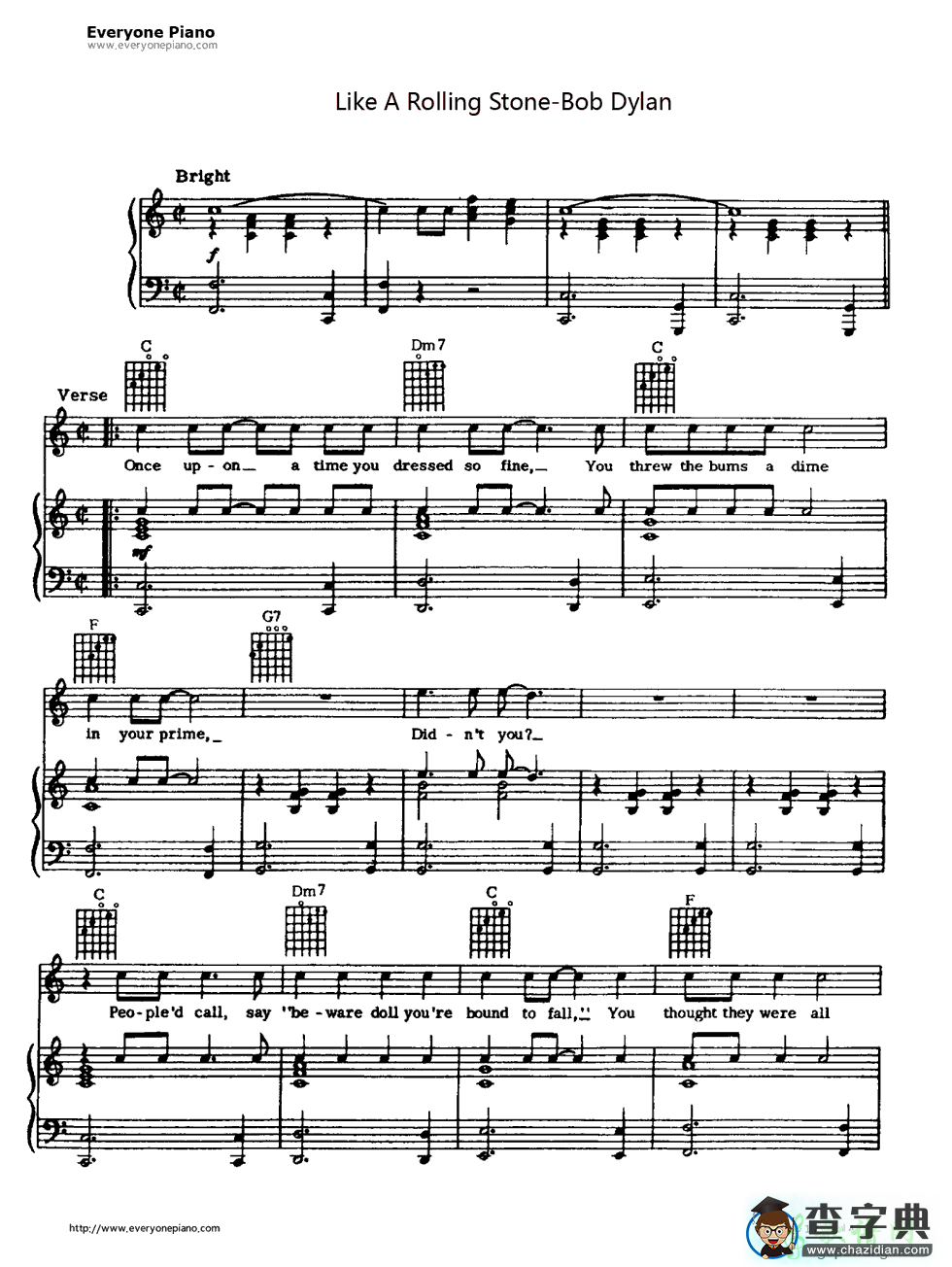 【Like a Rolling Stone钢琴谱】Bob Dylan