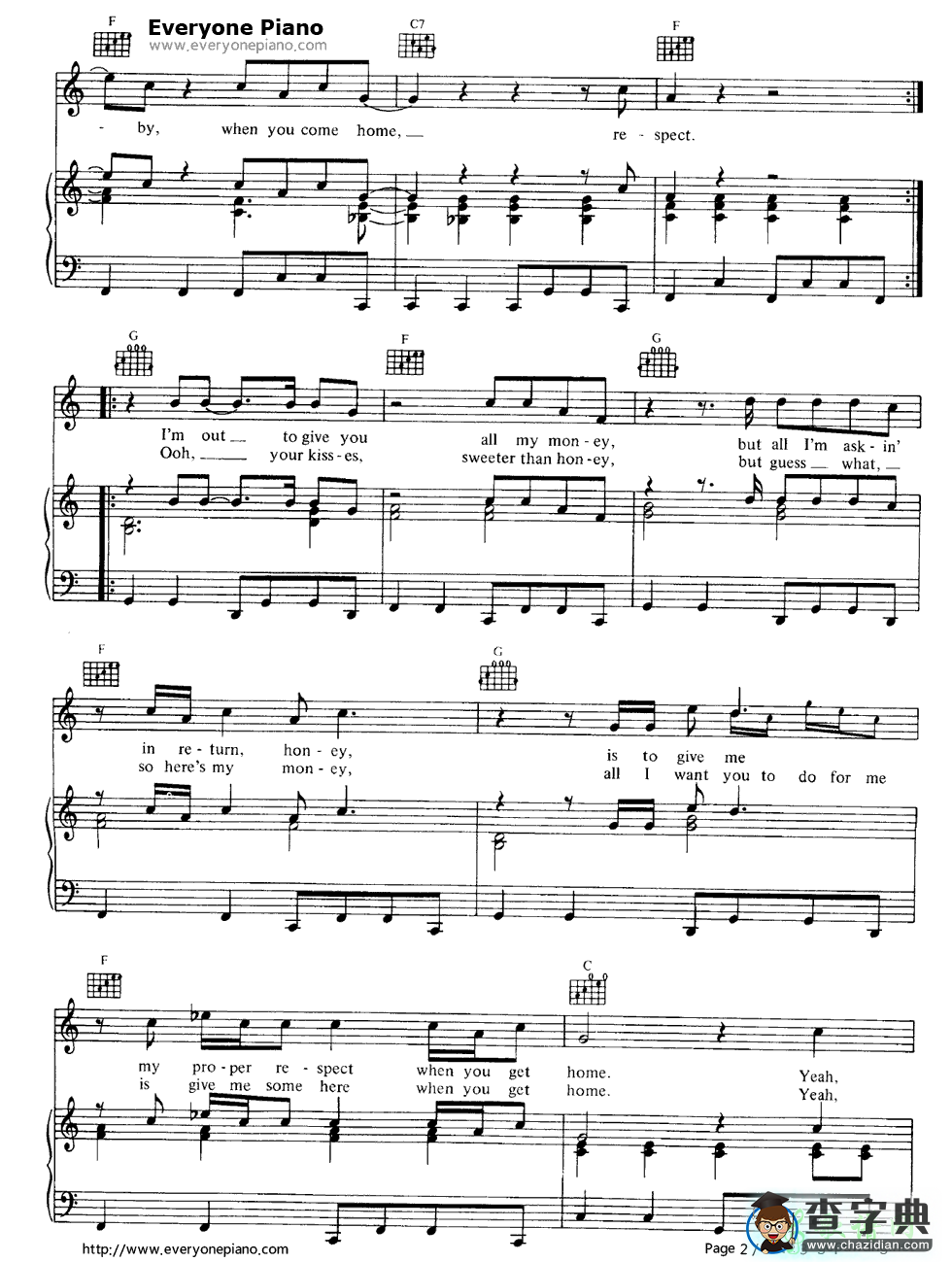 【Respect钢琴谱】Aretha Franklin
