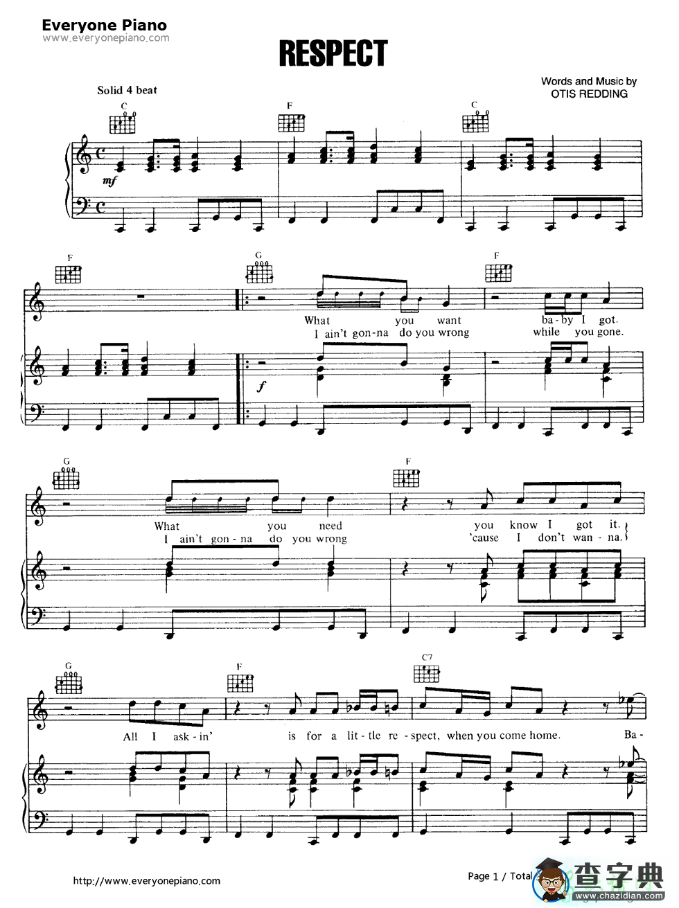 【Respect钢琴谱】Aretha Franklin