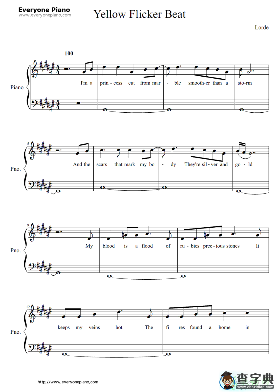 【Yellow Flicker Beat钢琴谱】Lorde