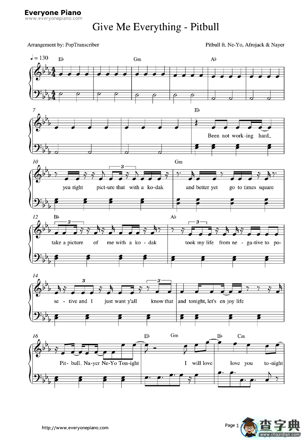 【Give Me Everything钢琴谱】Pitbull