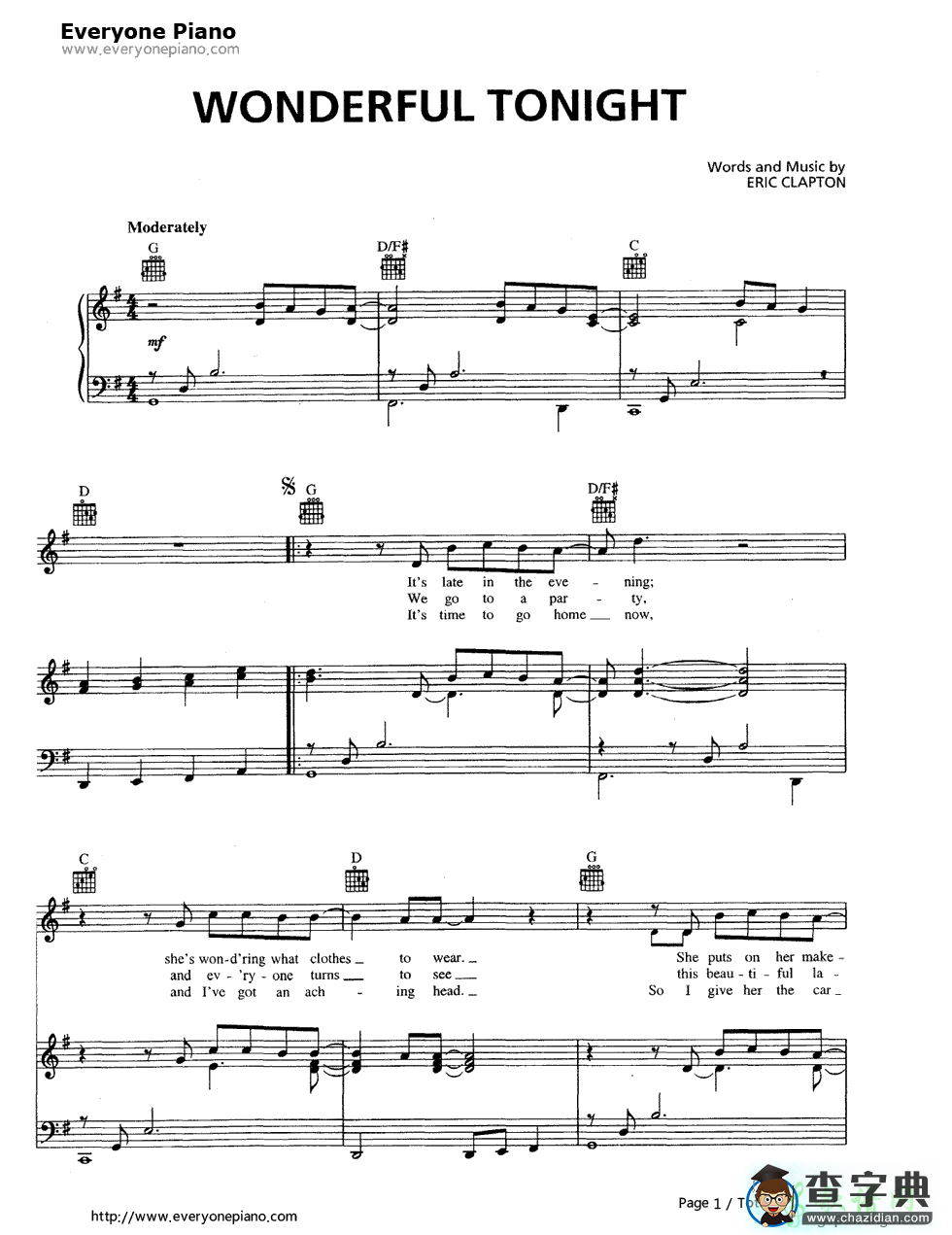 【Wonderful Tonight钢琴谱】五线谱