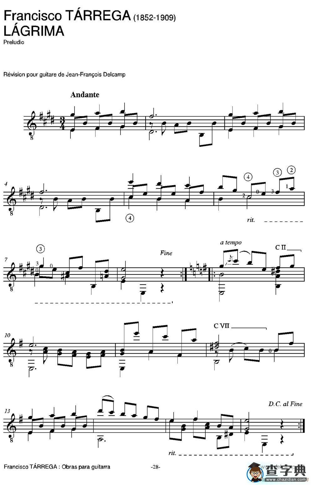 LAGRIMA（古典吉他）吉他谱
