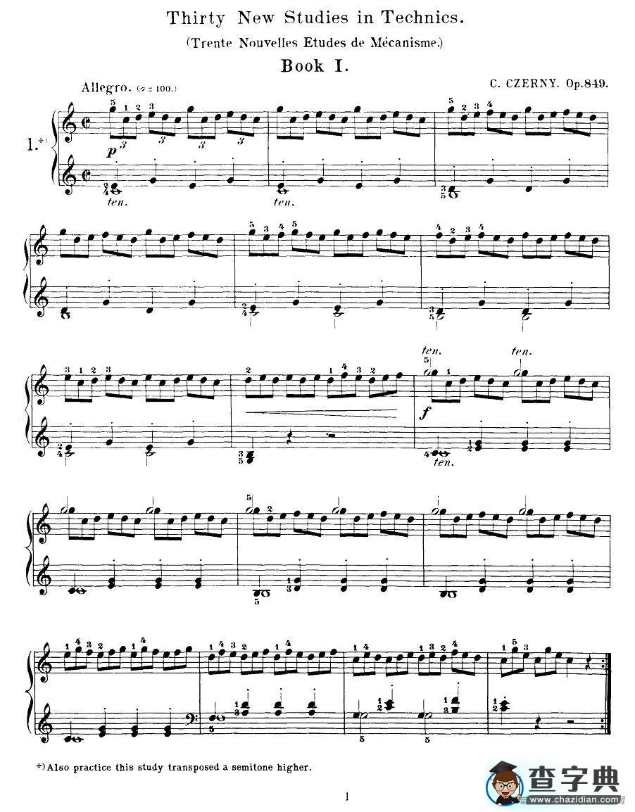 Czerny - 30 New Studies - 1（车尔尼Op849 - 30首练习曲）钢琴谱