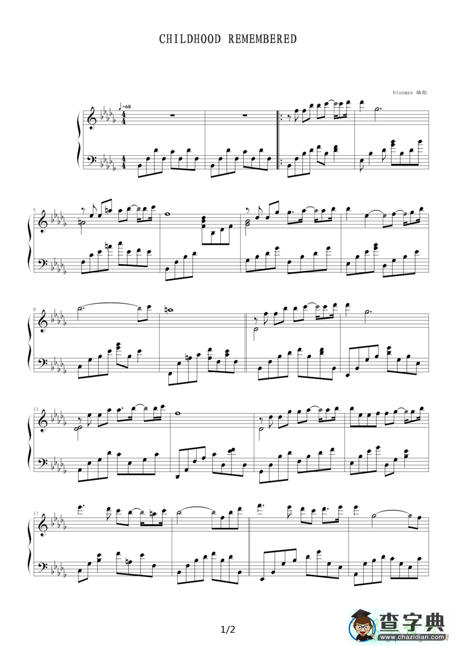 【Childhood Remembered钢琴谱】五线谱