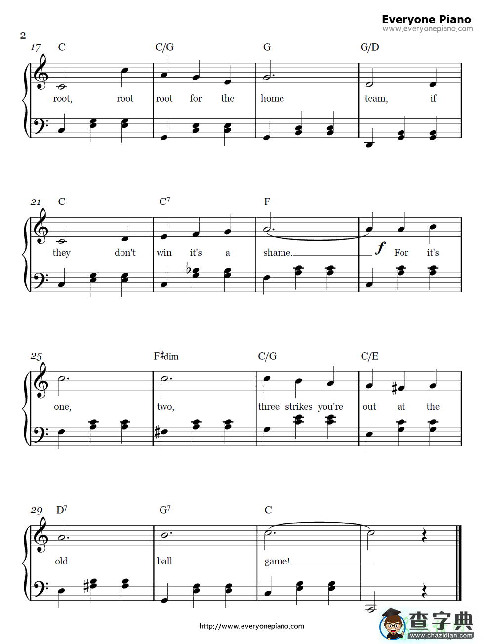 【Take Me Out to the Ball Game钢琴谱】五线谱