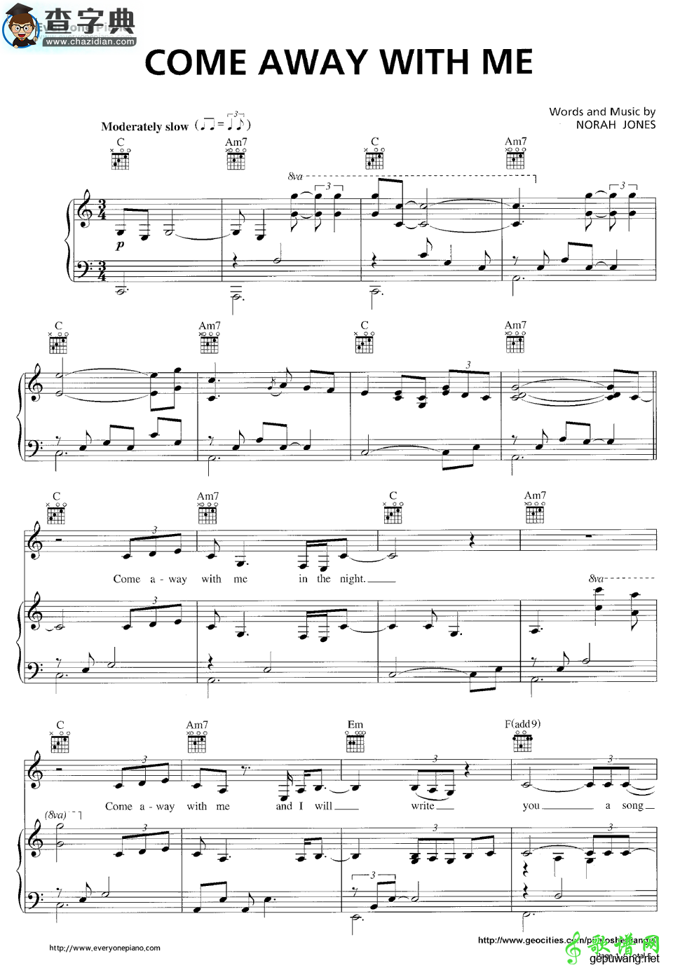 【Come Away with Me钢琴谱】Norah Jones