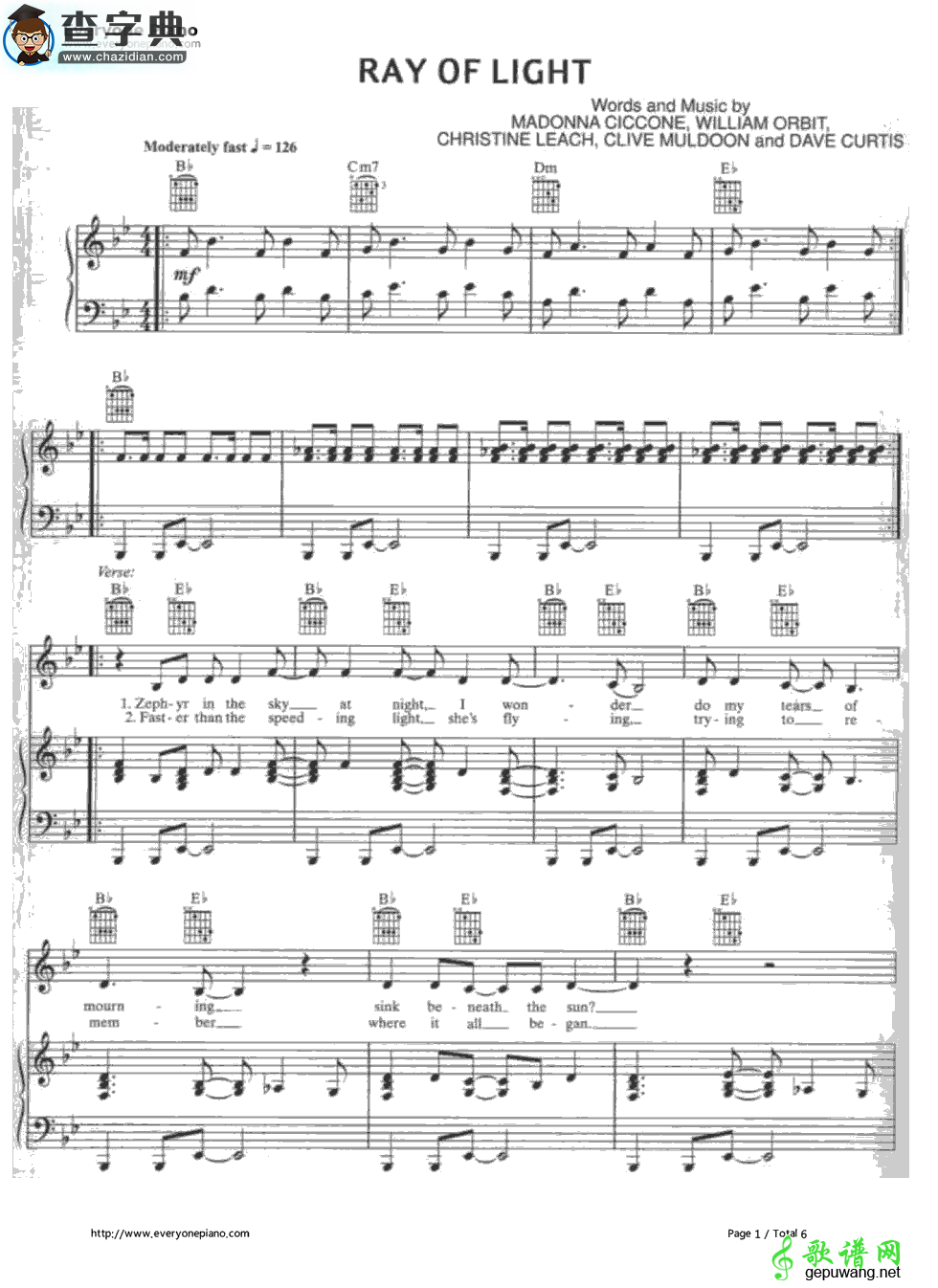 【Ray of Light钢琴谱】Madonna