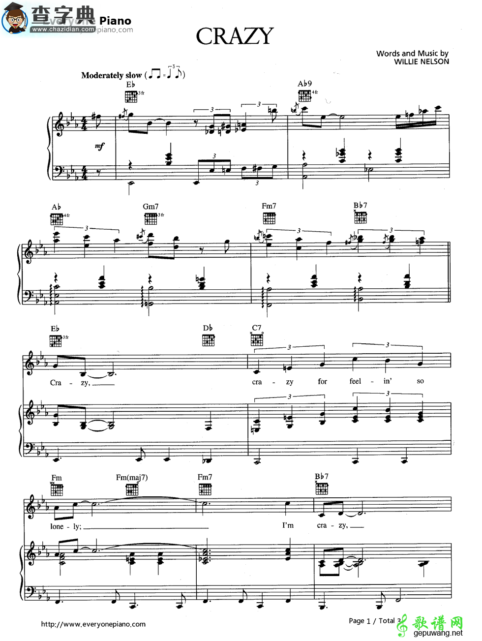 【Crazy钢琴谱】Patsy Cline