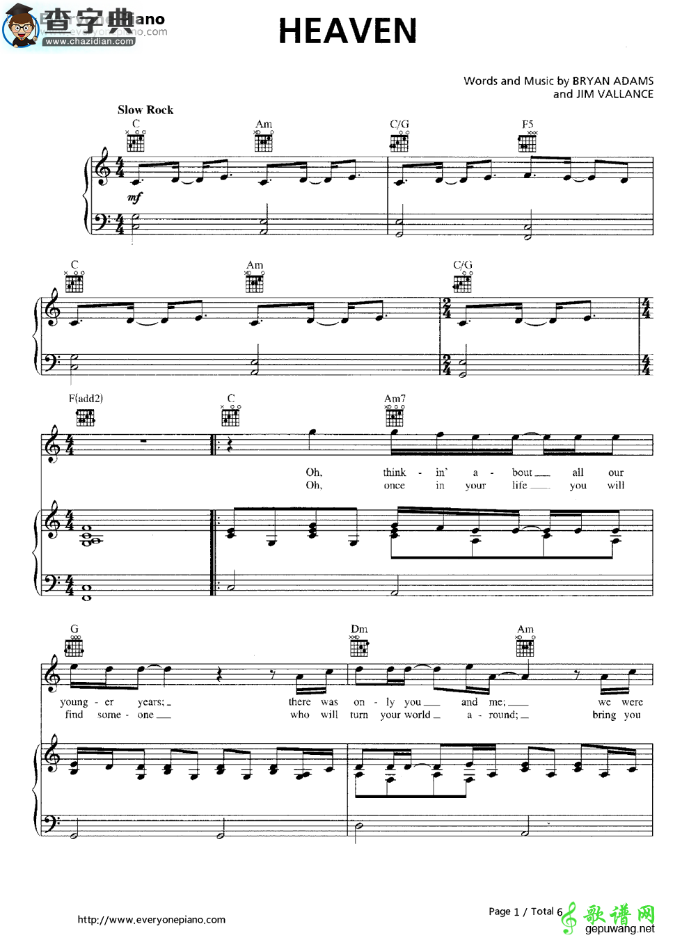 【Heaven钢琴谱】Bryan Adams