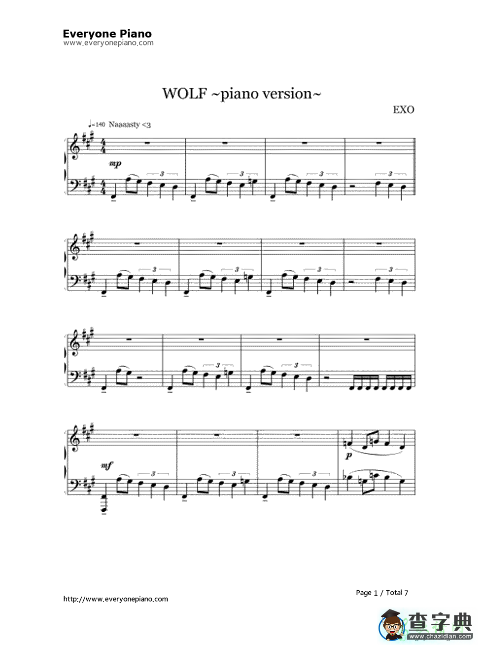 【wolf（狼与美女）钢琴谱】EXO