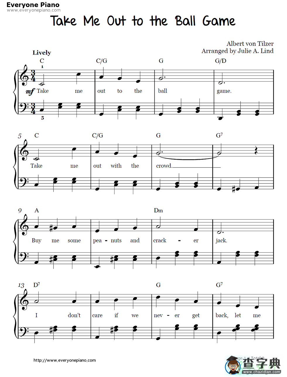 【Take Me Out to the Ball Game钢琴谱】五线谱