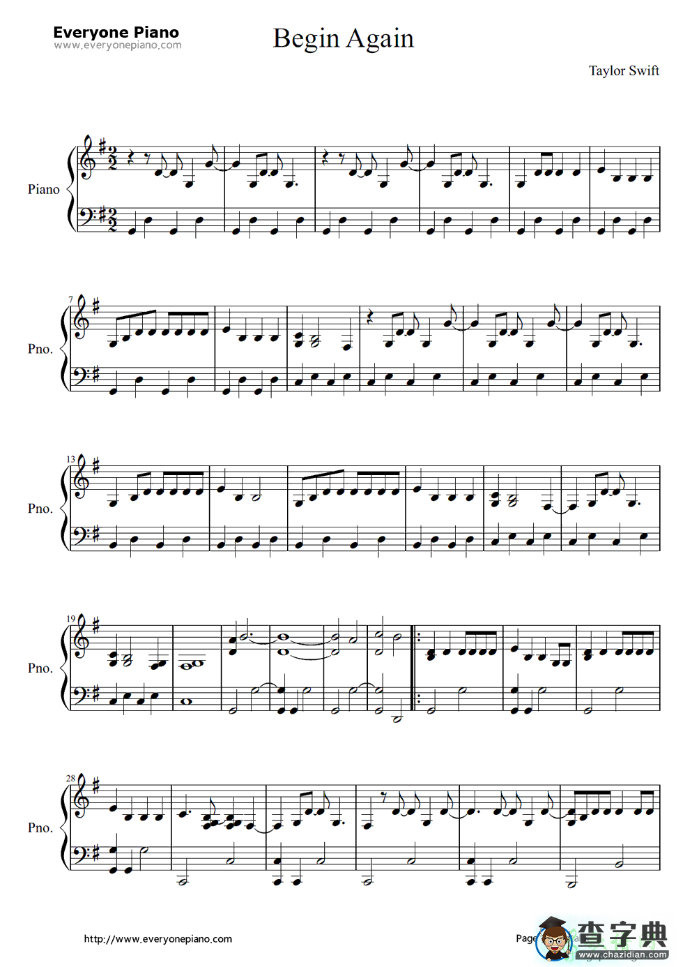 【Begin Again钢琴谱】Taylor Swift