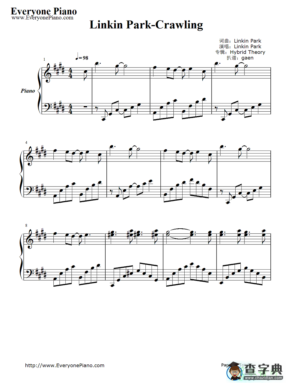 【Crawling钢琴谱】Linkin Park