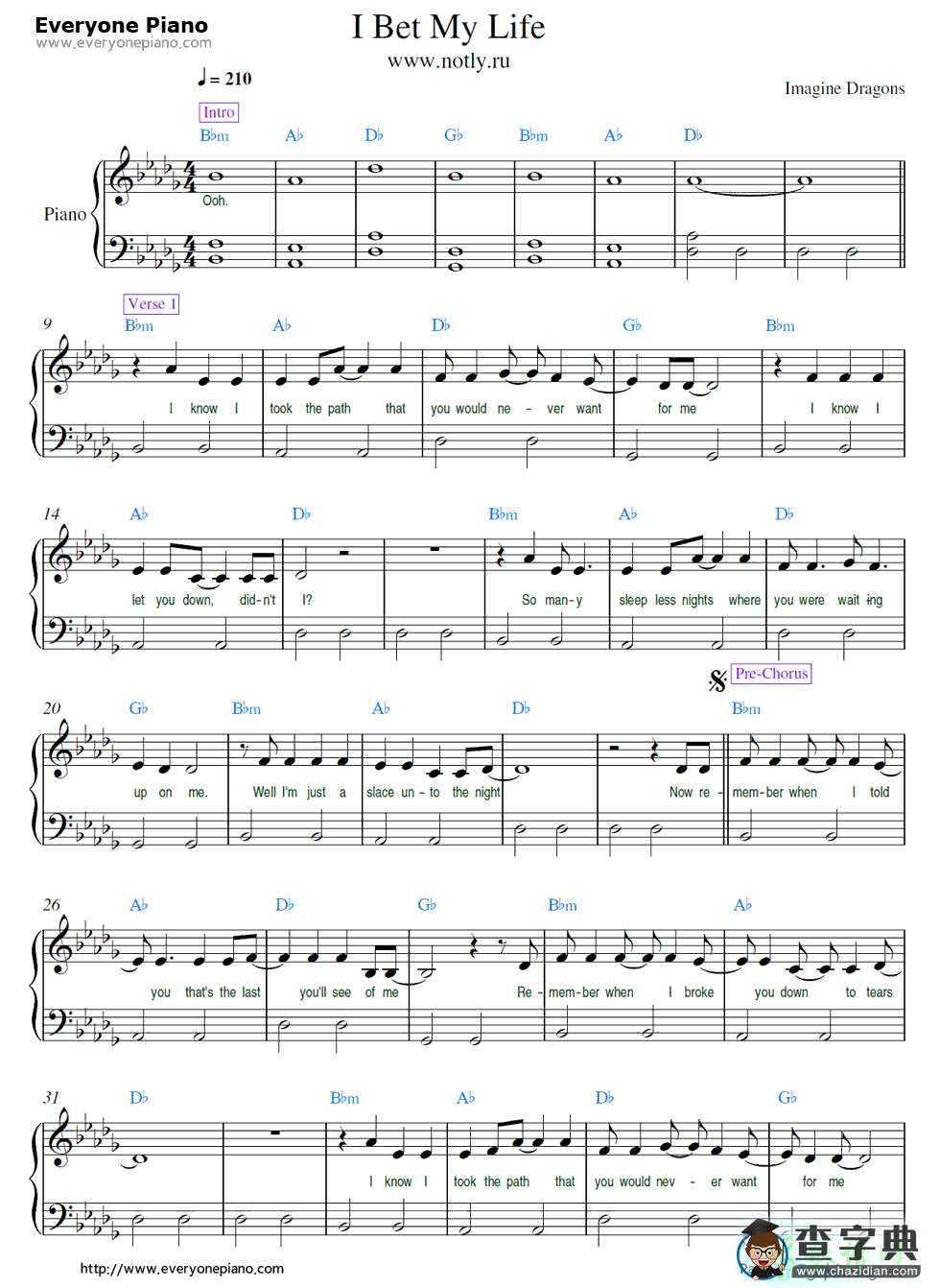 【I Bet My Life钢琴谱】Imagine Dragons