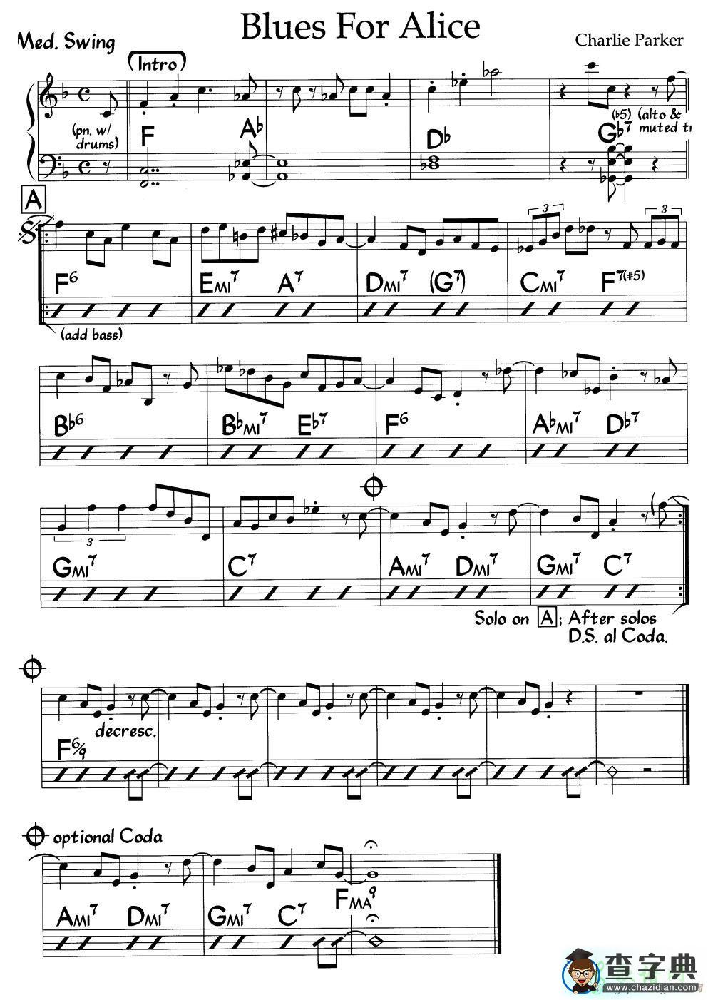 【Blues For Alice钢琴谱】五线谱