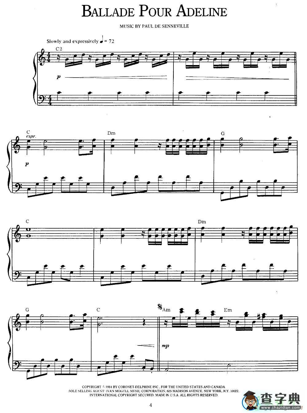 【Ballade Pour Adeline钢琴谱】五线谱